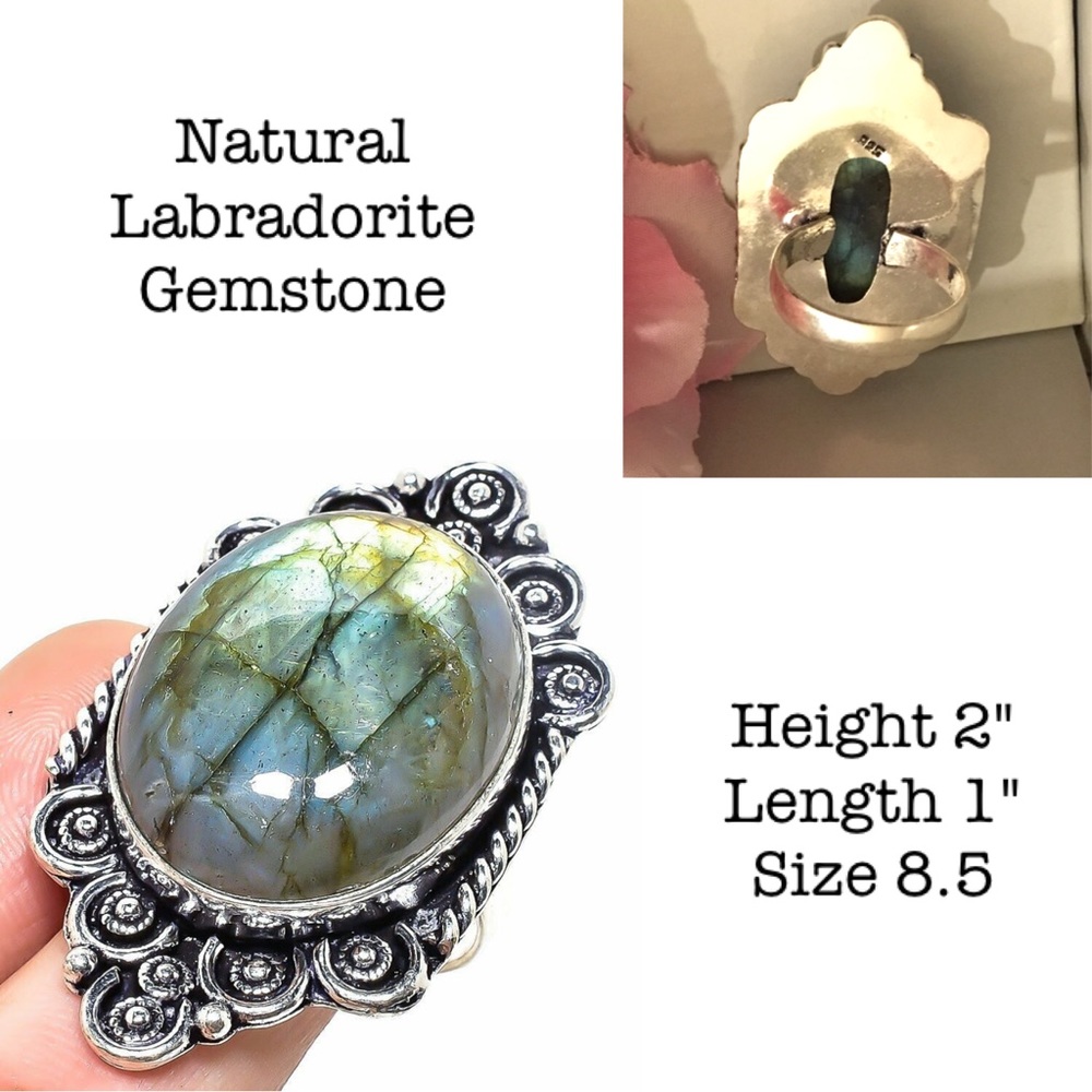 Exquisite Natural Labradorite Gemstone Chunky Handmade Halo Ring - Picture 5 of 5